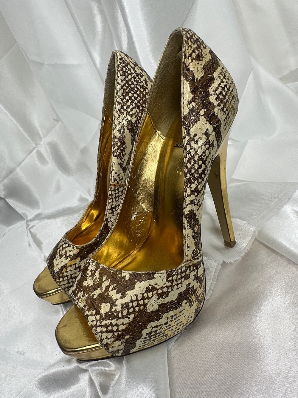 Snake-Print Peep-Toe Stiletto Heels in Brown and Cream